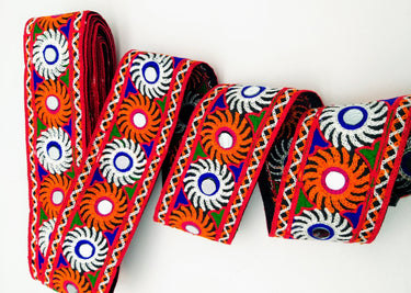 Black Cotton Fabric Trim with Multicolor Embroidery and Real Mirror, Kutch Embroidery Trim, Mirror Lace